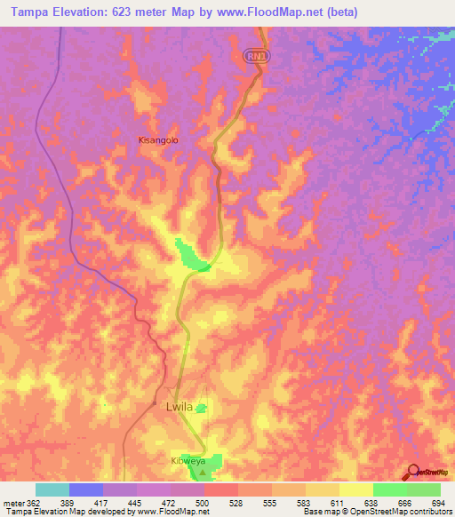 Tampa,Congo (Kinshasa) Elevation Map