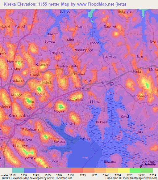 Kireka,Uganda Elevation Map
