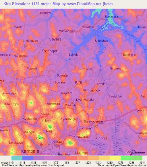 Kira,Uganda Elevation Map