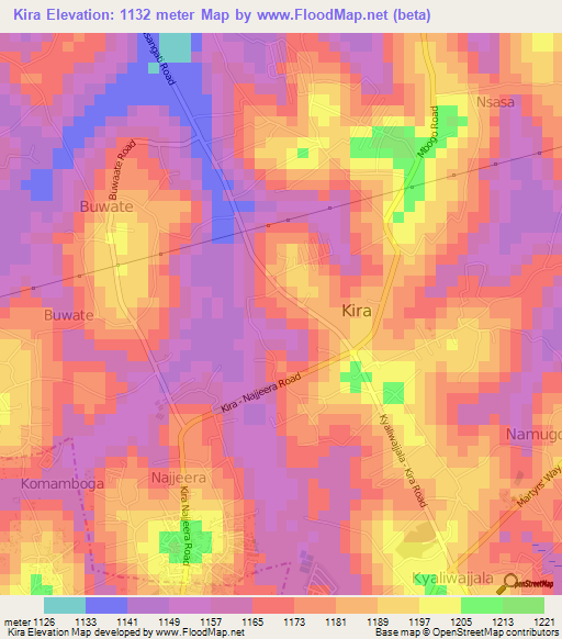 Kira,Uganda Elevation Map