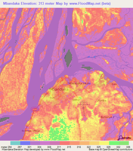 Mbandaka,Congo (Kinshasa) Elevation Map