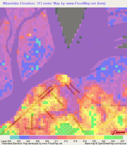 Mbandaka,Congo (Kinshasa) Elevation Map