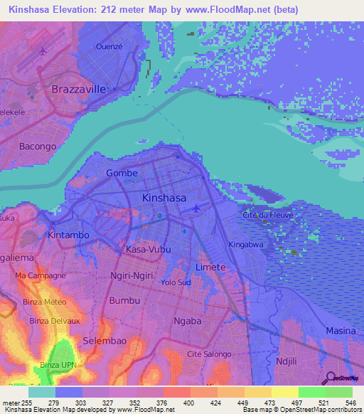 Kinshasa,Congo (Kinshasa) Elevation Map
