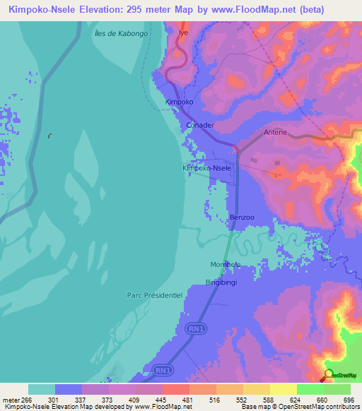 Kimpoko-Nsele,Congo (Kinshasa) Elevation Map