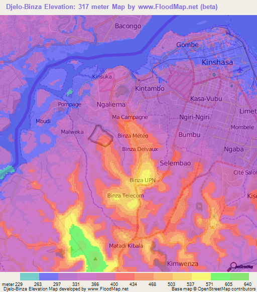Djelo-Binza,Congo (Kinshasa) Elevation Map