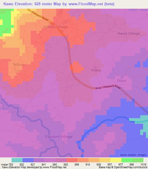 Kawu,Uganda Elevation Map