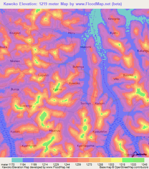 Kawoko,Uganda Elevation Map