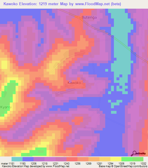 Kawoko,Uganda Elevation Map