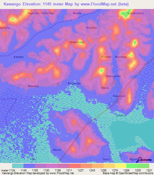 Kawango,Uganda Elevation Map