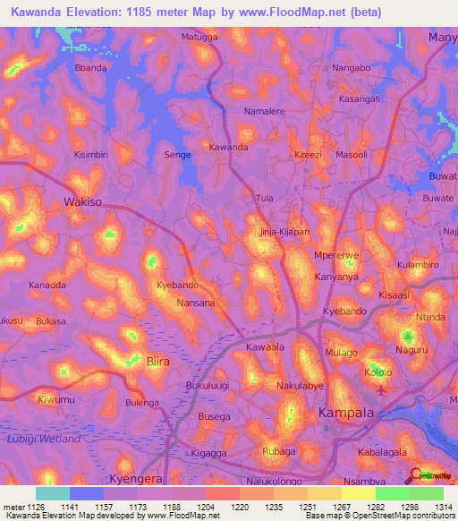 Kawanda,Uganda Elevation Map