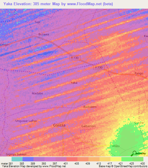 Yaka,Nigeria Elevation Map
