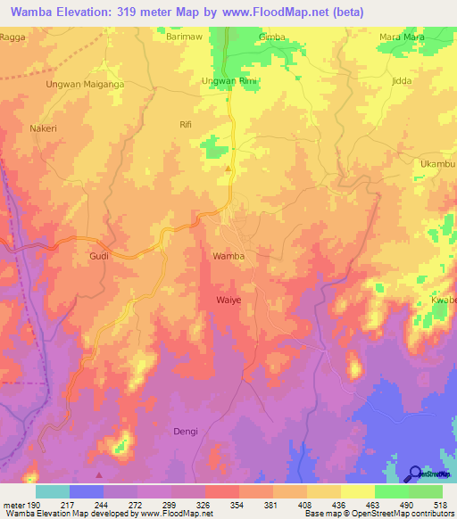 Wamba,Nigeria Elevation Map