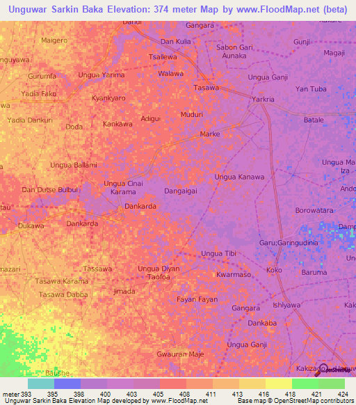 Unguwar Sarkin Baka,Nigeria Elevation Map