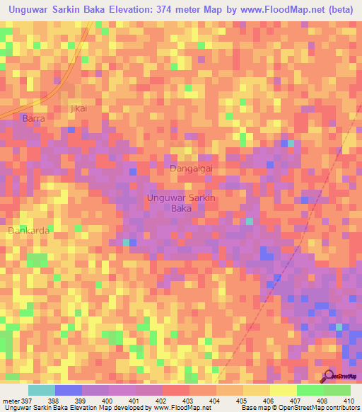 Unguwar Sarkin Baka,Nigeria Elevation Map