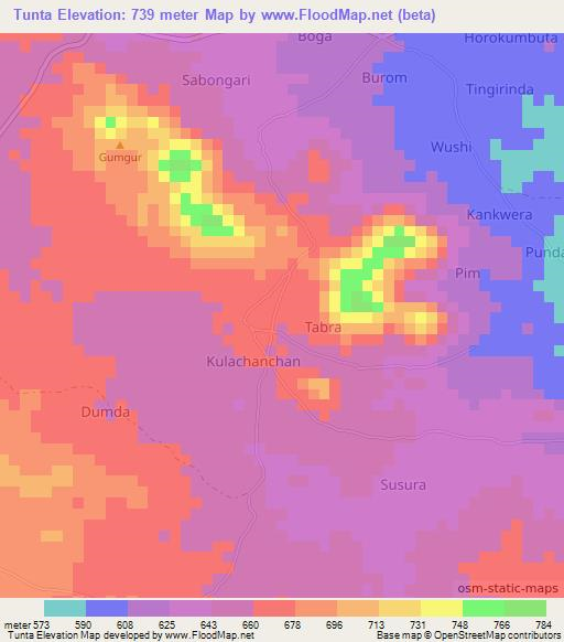 Tunta,Nigeria Elevation Map