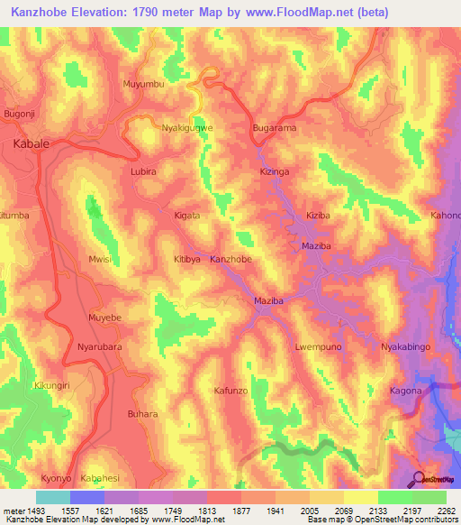 Kanzhobe,Uganda Elevation Map