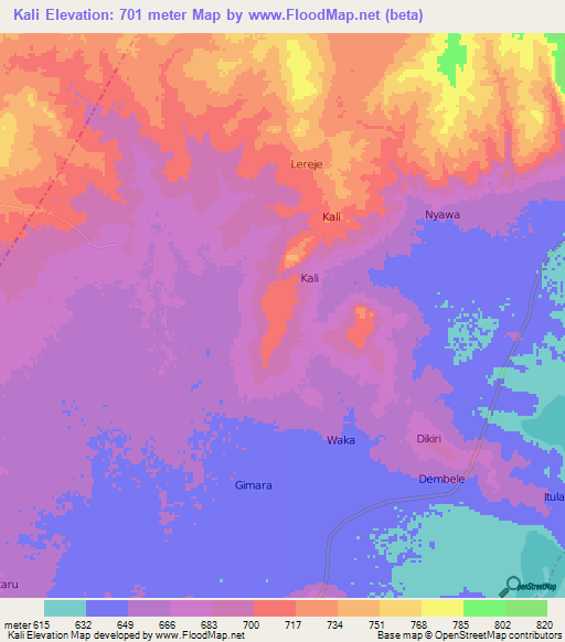 Kali,Uganda Elevation Map