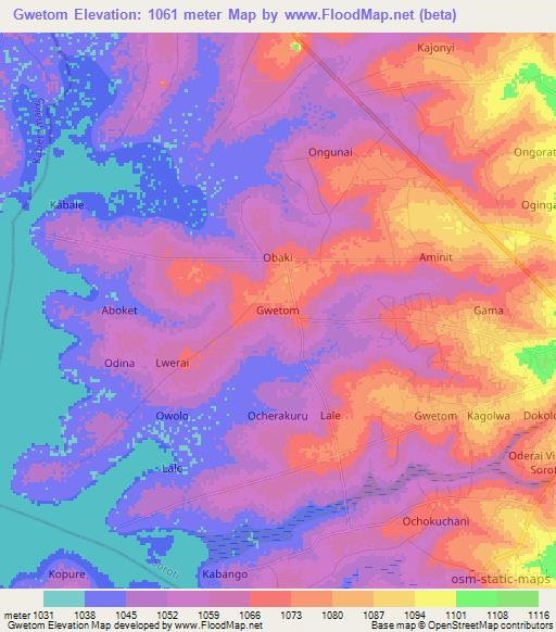Gwetom,Uganda Elevation Map