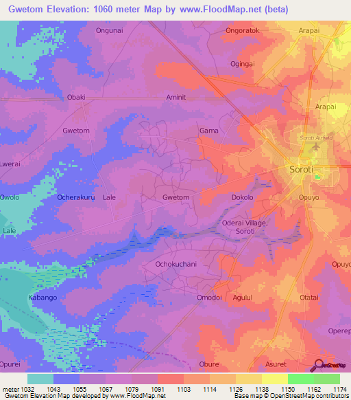 Gwetom,Uganda Elevation Map