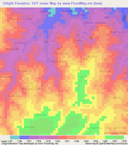 Giligili,Uganda Elevation Map