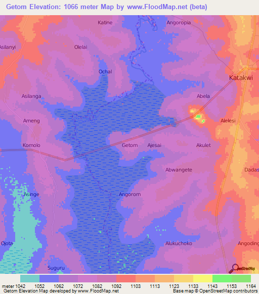 Getom,Uganda Elevation Map