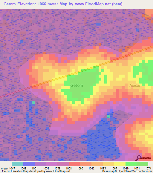 Getom,Uganda Elevation Map