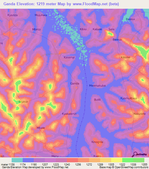 Ganda,Uganda Elevation Map