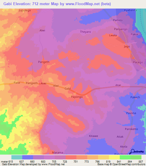 Gabi,Uganda Elevation Map