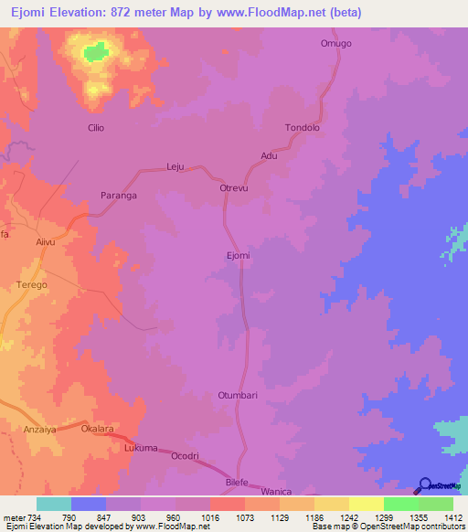 Ejomi,Uganda Elevation Map