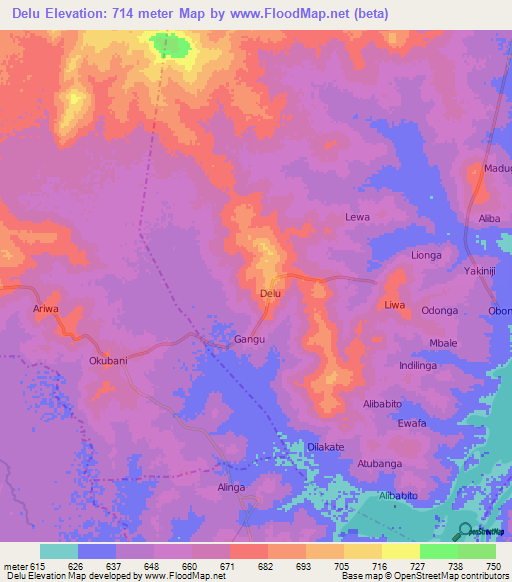 Delu,Uganda Elevation Map