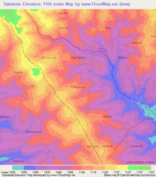 Dakabela,Uganda Elevation Map