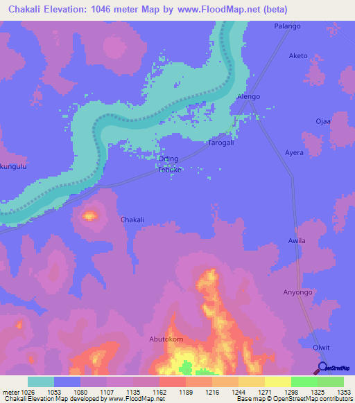 Chakali,Uganda Elevation Map