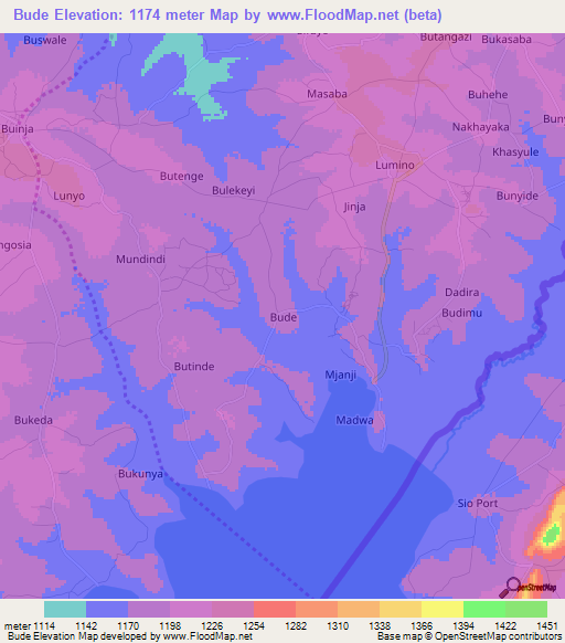 Bude,Uganda Elevation Map