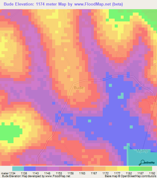 Bude,Uganda Elevation Map