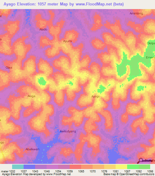Ayago,Uganda Elevation Map