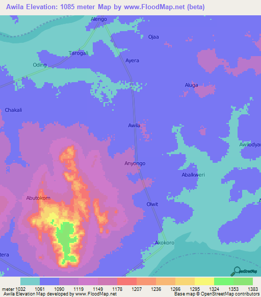 Awila,Uganda Elevation Map