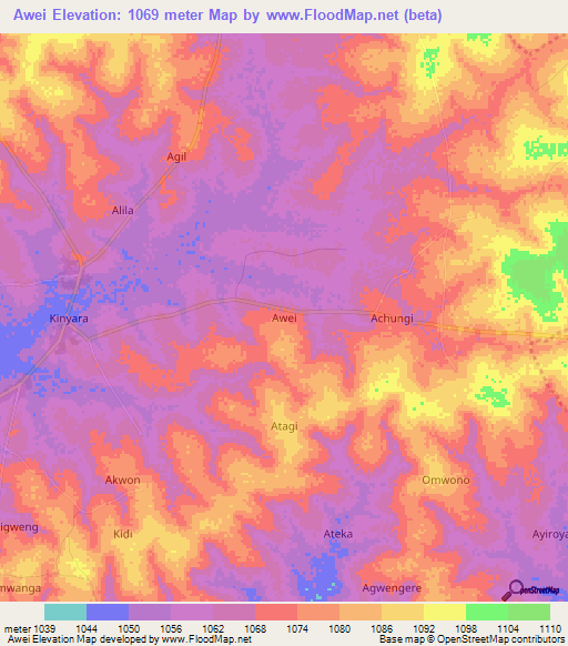 Awei,Uganda Elevation Map
