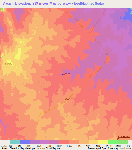 Awach,Uganda Elevation Map