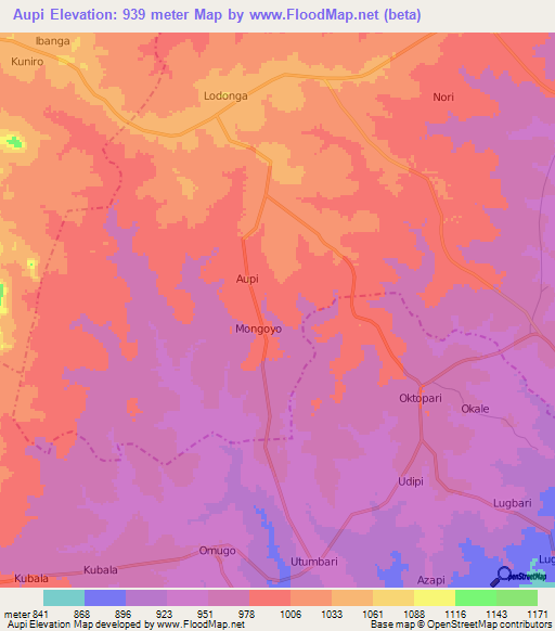 Aupi,Uganda Elevation Map