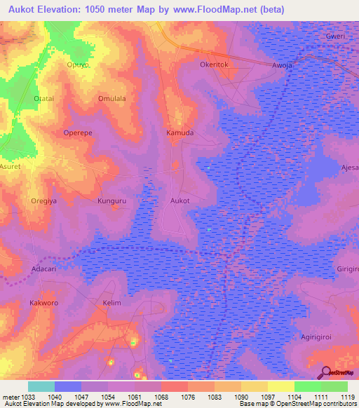 Aukot,Uganda Elevation Map