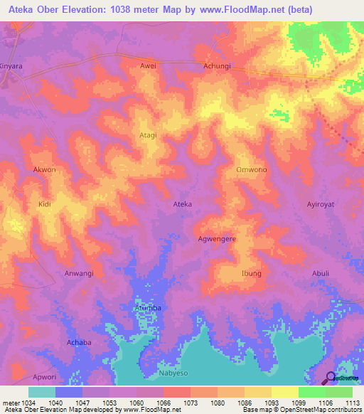 Ateka Ober,Uganda Elevation Map