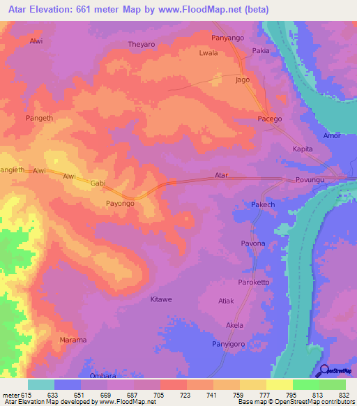 Atar,Uganda Elevation Map