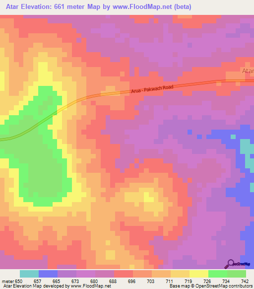 Atar,Uganda Elevation Map