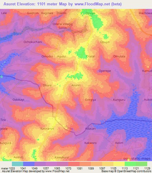Asuret,Uganda Elevation Map