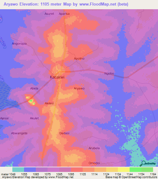 Aryawo,Uganda Elevation Map
