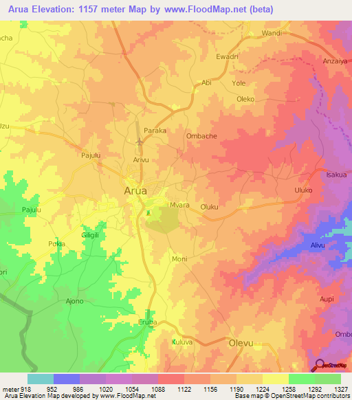 Arua,Uganda Elevation Map