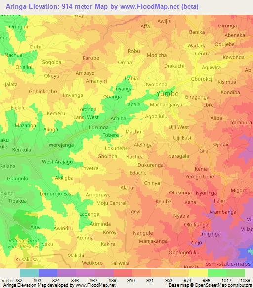 Aringa,Uganda Elevation Map