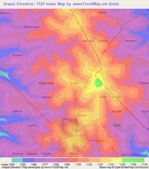 Arapai,Uganda Elevation Map