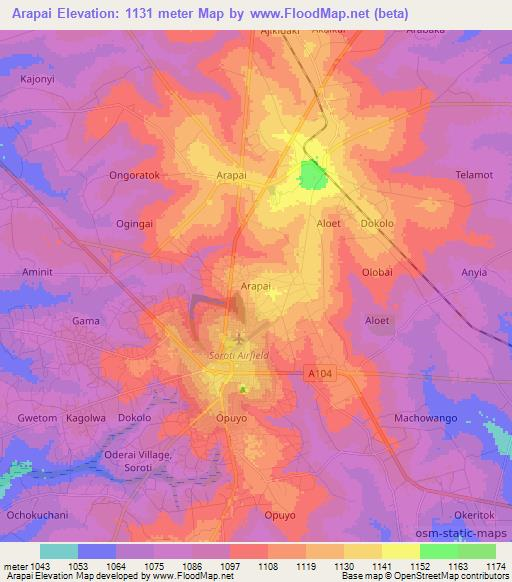 Arapai,Uganda Elevation Map