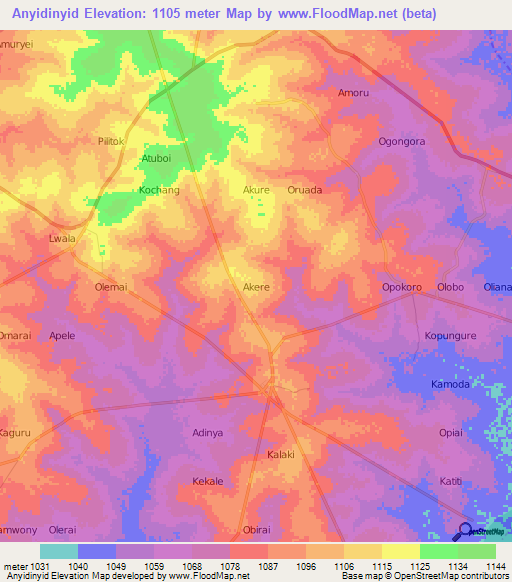 Anyidinyid,Uganda Elevation Map